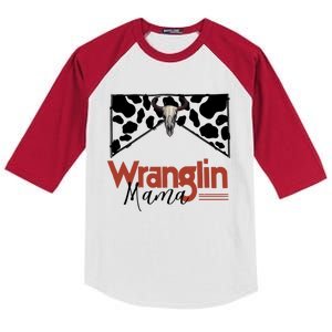 Retro Cowhide Bull Skull Wrangling Mama Western Country Gift Kids Colorblock Raglan Jersey