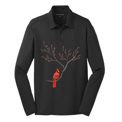 Red Cardinal Bird Lovers Birdwatching Birding Vintage Gift Cute Gift Silk Touch Performance Long Sleeve Polo