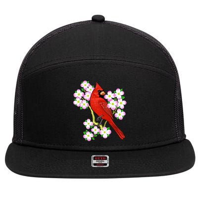 Red Cardinal Bird Dogwood Flower North Carolina Virginia Great Gift 7 Panel Mesh Trucker Snapback Hat