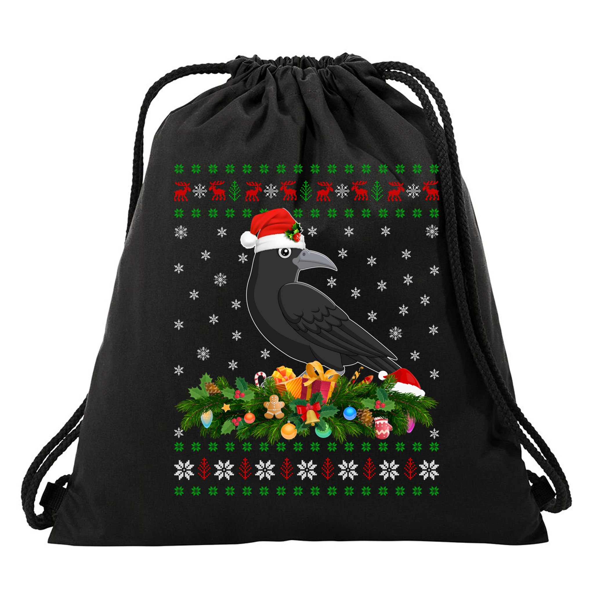 Raven Crow Bird Lover Xmas Santa Hat Ugly Crow Christmas Gift Drawstring Bag