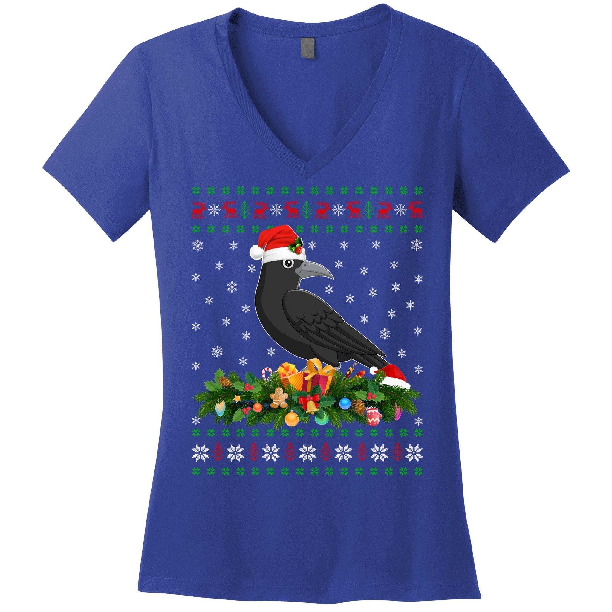 Raven Crow Bird Lover Xmas Santa Hat Ugly Crow Christmas Gift Women's V-Neck T-Shirt
