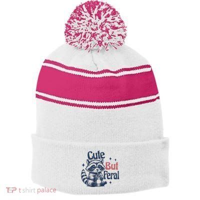 Raccoon Cute But Feral Vintage Stripe Pom Pom Beanie