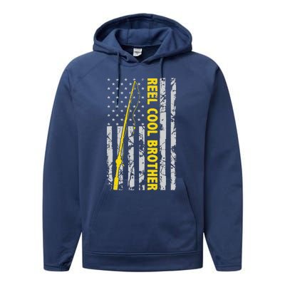 Reel Cool Brother Fishing American USA Flag Gift For Brother Gift Performance Fleece Hoodie