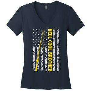 Reel Cool Brother Fishing American USA Flag Gift For Brother Gift Women's V-Neck T-Shirt