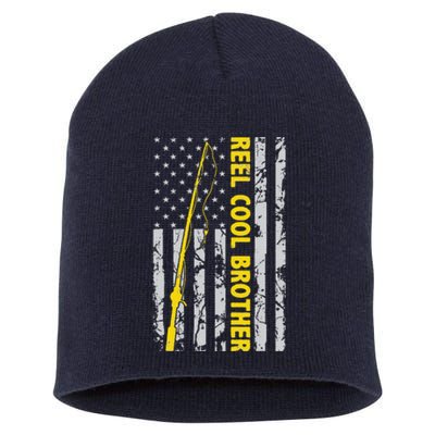 Reel Cool Brother Fishing American USA Flag Gift For Brother Gift Short Acrylic Beanie