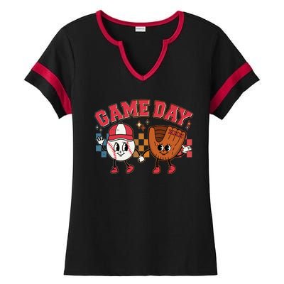 Retro Cartoon Baseball Game Day Ladies Halftime Notch Neck Tee