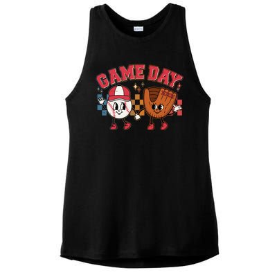 Retro Cartoon Baseball Game Day Ladies PosiCharge Tri-Blend Wicking Tank