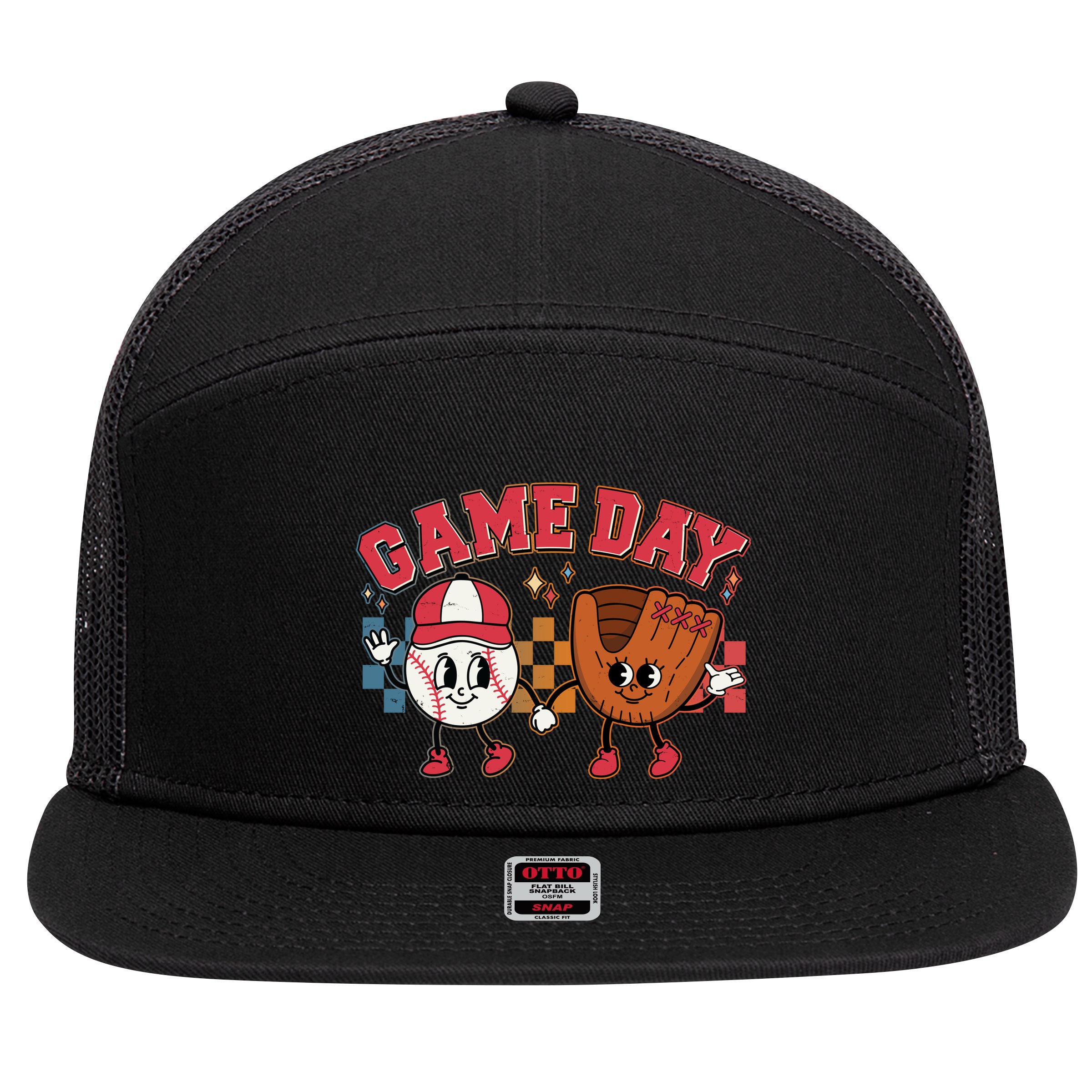 Retro Cartoon Baseball Game Day 7 Panel Mesh Trucker Snapback Hat