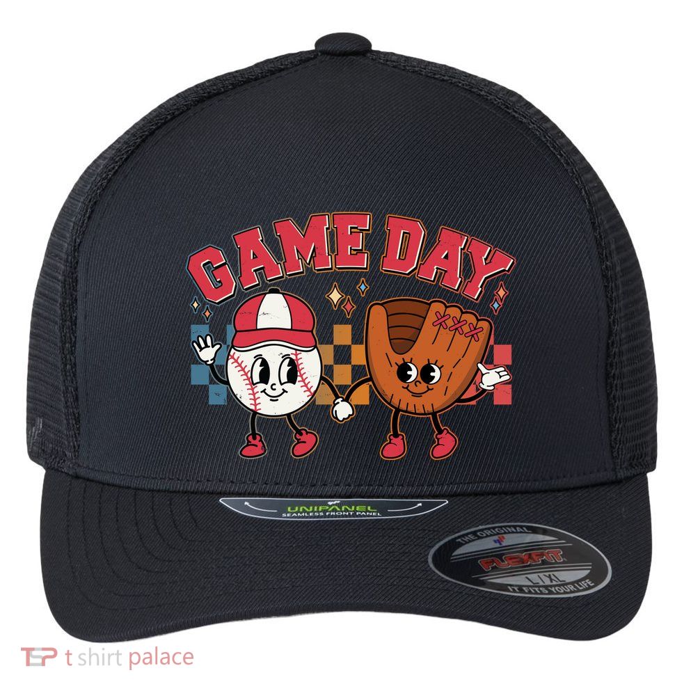 Retro Cartoon Baseball Game Day Flexfit Unipanel Trucker Cap