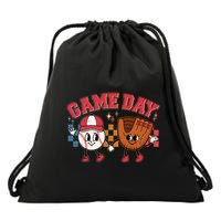 Retro Cartoon Baseball Game Day Drawstring Bag