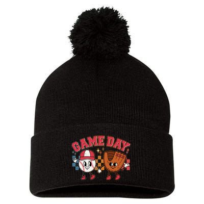 Retro Cartoon Baseball Game Day Pom Pom 12in Knit Beanie