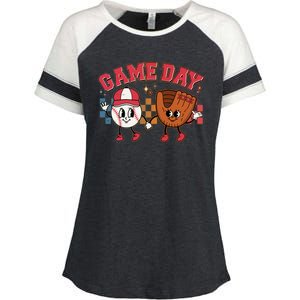 Retro Cartoon Baseball Game Day Enza Ladies Jersey Colorblock Tee