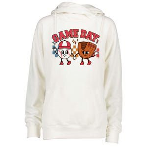 Retro Cartoon Baseball Game Day Womens Funnel Neck Pullover Hood