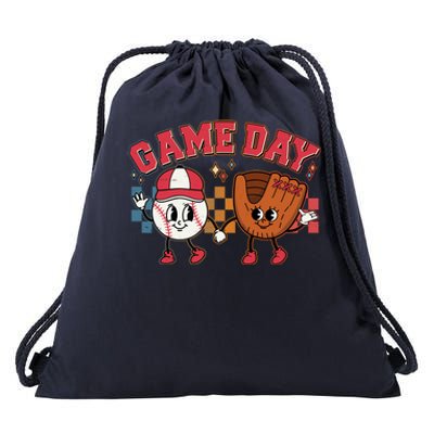 Retro Cartoon Baseball Game Day Drawstring Bag