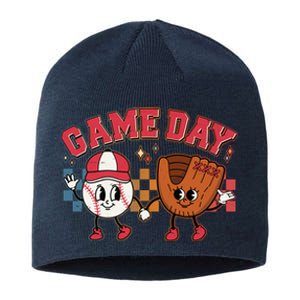 Retro Cartoon Baseball Game Day Sustainable Beanie