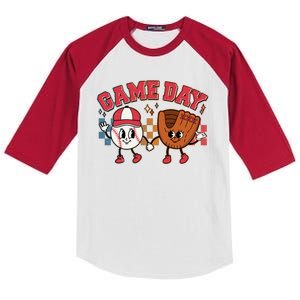 Retro Cartoon Baseball Game Day Kids Colorblock Raglan Jersey