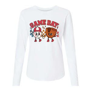 Retro Cartoon Baseball Game Day Womens Cotton Relaxed Long Sleeve T-Shirt