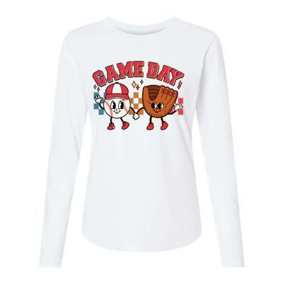 Retro Cartoon Baseball Game Day Womens Cotton Relaxed Long Sleeve T-Shirt