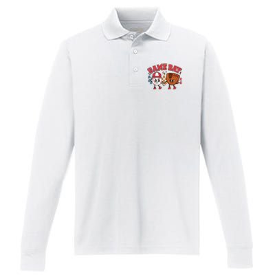 Retro Cartoon Baseball Game Day Performance Long Sleeve Polo