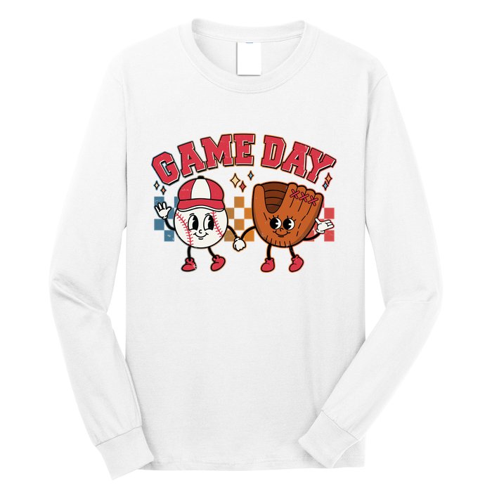 Retro Cartoon Baseball Game Day Long Sleeve Shirt