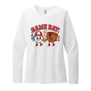 Retro Cartoon Baseball Game Day Womens CVC Long Sleeve Shirt