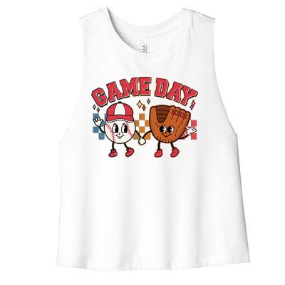 Retro Cartoon Baseball Game Day Women's Racerback Cropped Tank