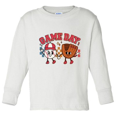 Retro Cartoon Baseball Game Day Toddler Long Sleeve Shirt