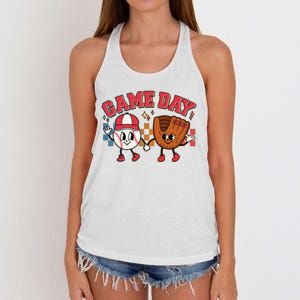 Retro Cartoon Baseball Game Day Women's Knotted Racerback Tank