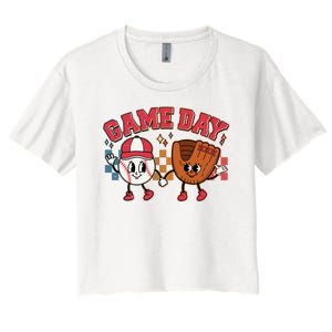 Retro Cartoon Baseball Game Day Women's Crop Top Tee