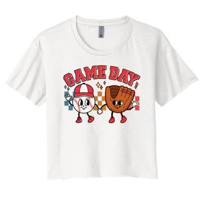 Retro Cartoon Baseball Game Day Women's Crop Top Tee