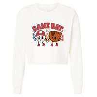 Retro Cartoon Baseball Game Day Cropped Pullover Crew