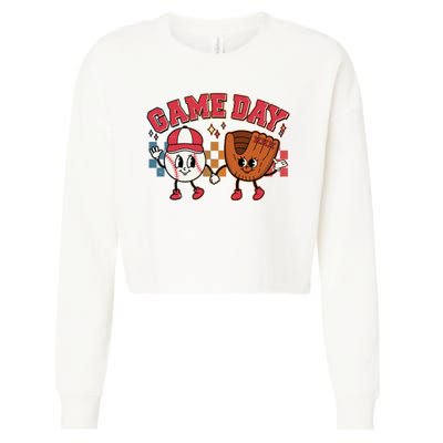 Retro Cartoon Baseball Game Day Cropped Pullover Crew