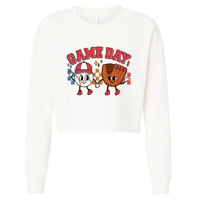 Retro Cartoon Baseball Game Day Cropped Pullover Crew