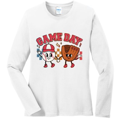 Retro Cartoon Baseball Game Day Ladies Long Sleeve Shirt