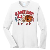 Retro Cartoon Baseball Game Day Ladies Long Sleeve Shirt