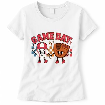 Retro Cartoon Baseball Game Day Womens T-Shirt