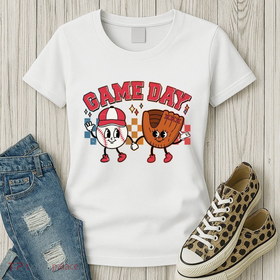 Retro Cartoon Baseball Game Day Womens T-Shirt