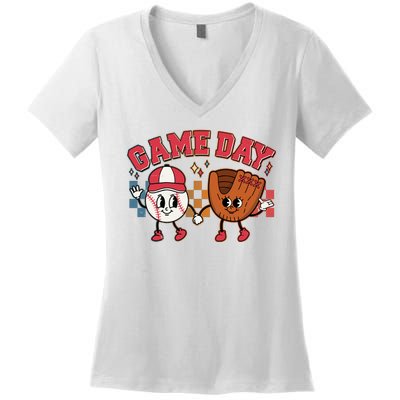 Retro Cartoon Baseball Game Day Women's V-Neck T-Shirt