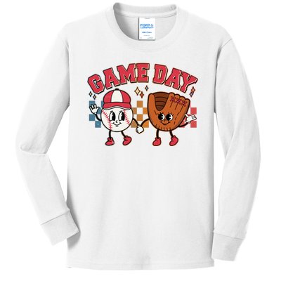 Retro Cartoon Baseball Game Day Kids Long Sleeve Shirt