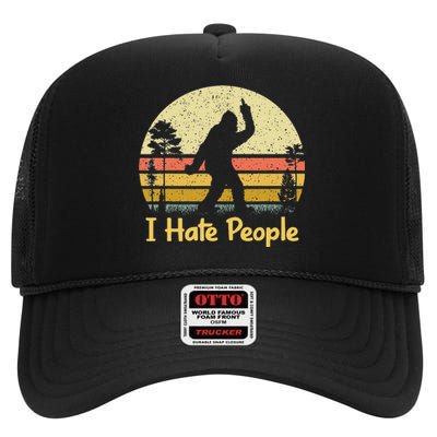 Retro Camping Bigfoot Sasquatch Middle Finger I Hate People High Crown Mesh Back Trucker Hat