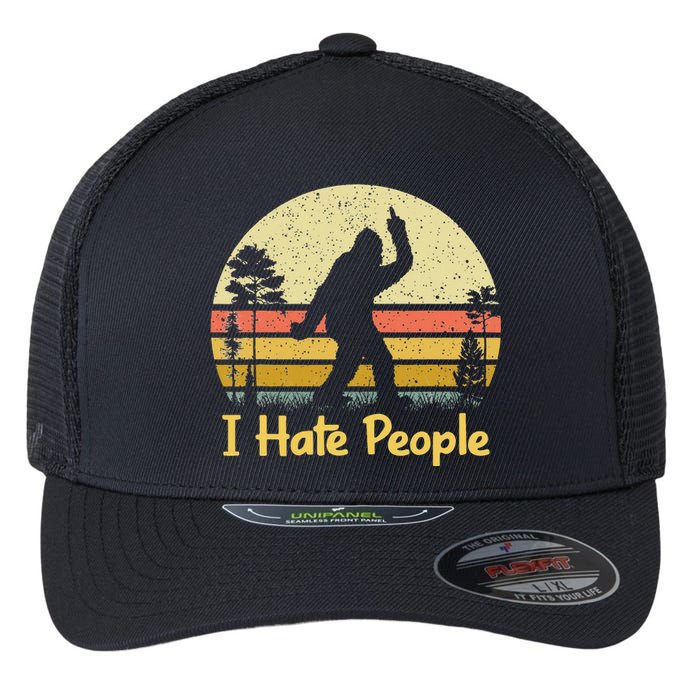 Retro Camping Bigfoot Sasquatch Middle Finger I Hate People Flexfit Unipanel Trucker Cap