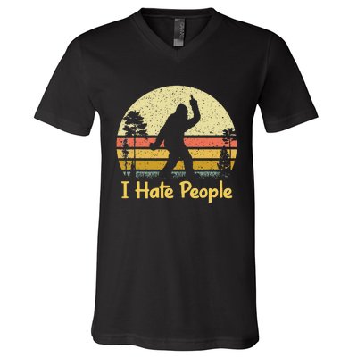 Retro Camping Bigfoot Sasquatch Middle Finger I Hate People V-Neck T-Shirt