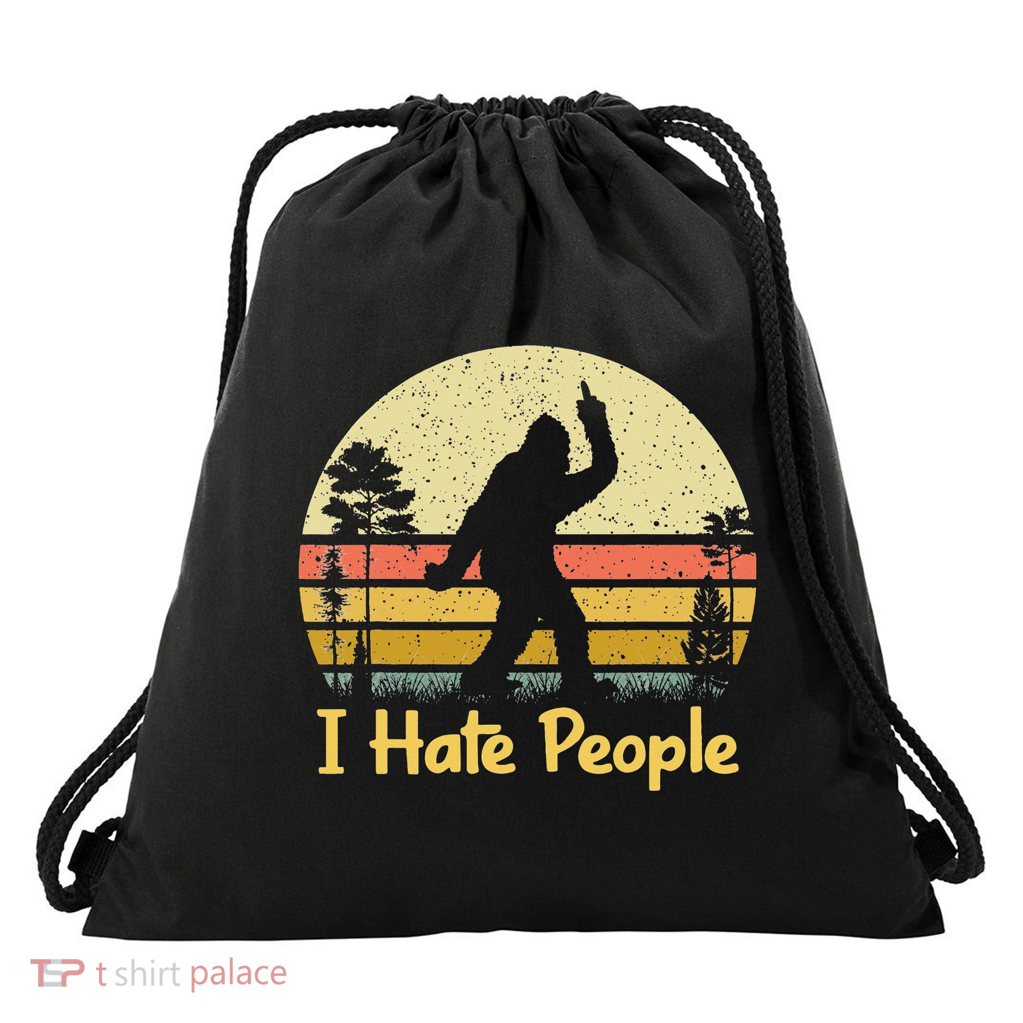 Retro Camping Bigfoot Sasquatch Middle Finger I Hate People Drawstring Bag