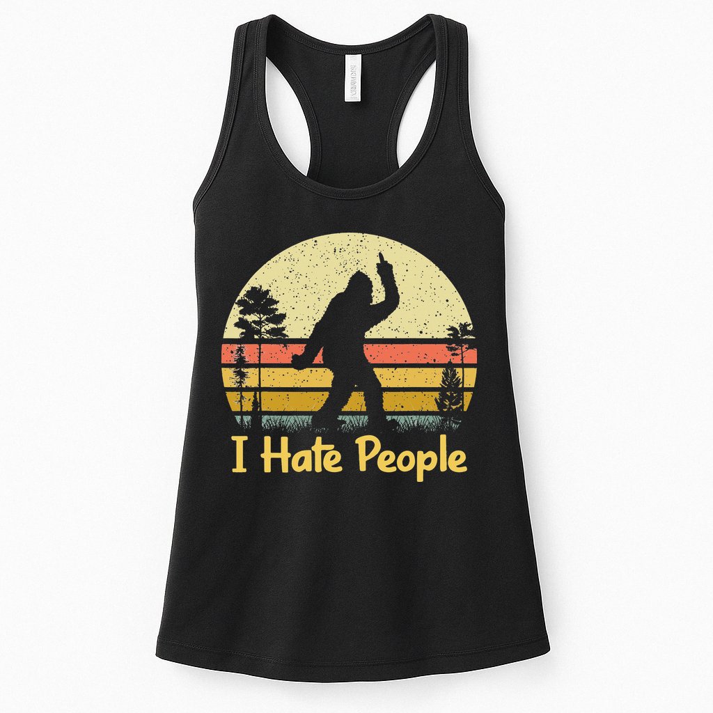 Retro Camping Bigfoot Sasquatch Middle Finger I Hate People Womens Tank Top