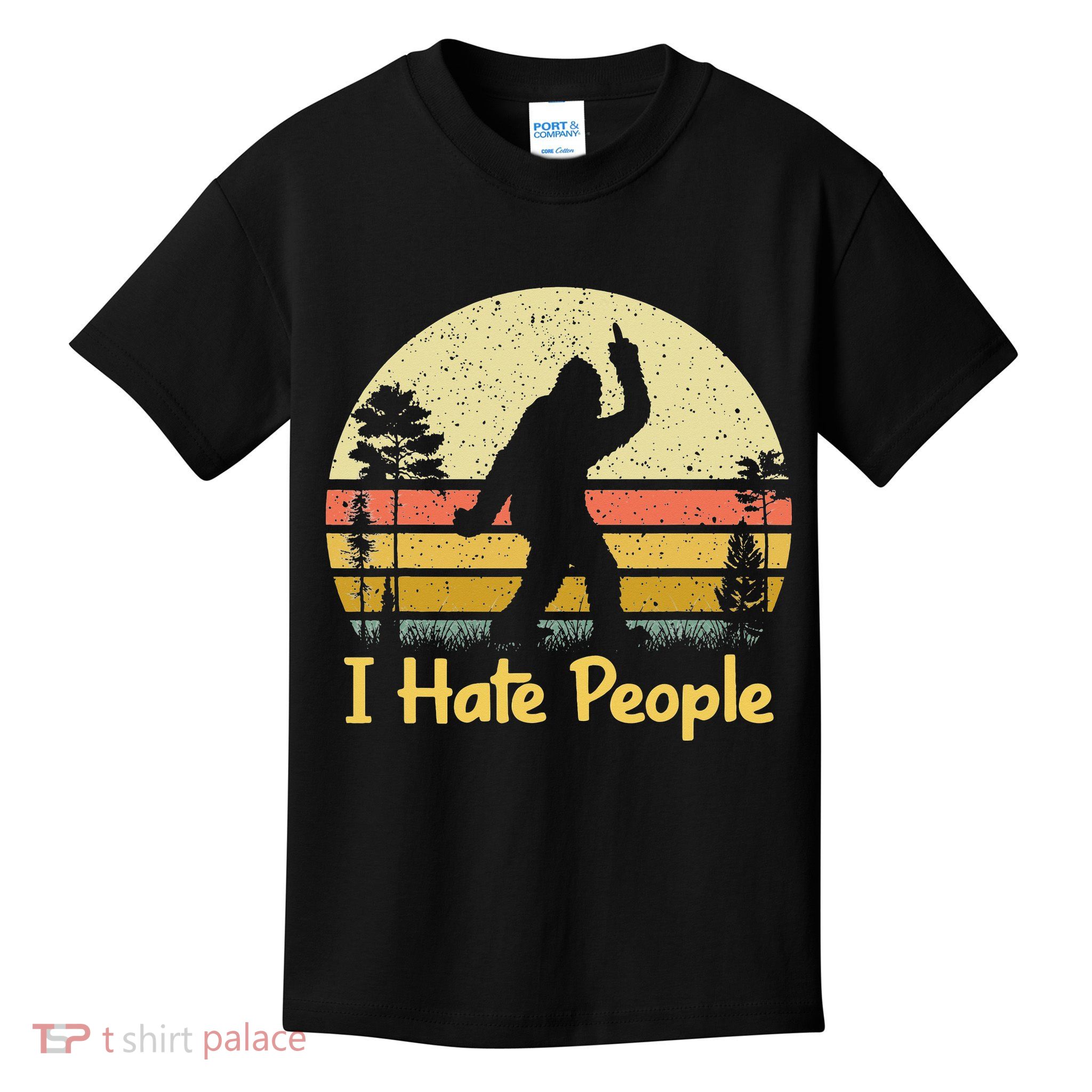 Retro Camping Bigfoot Sasquatch Middle Finger I Hate People Kids T-Shirt