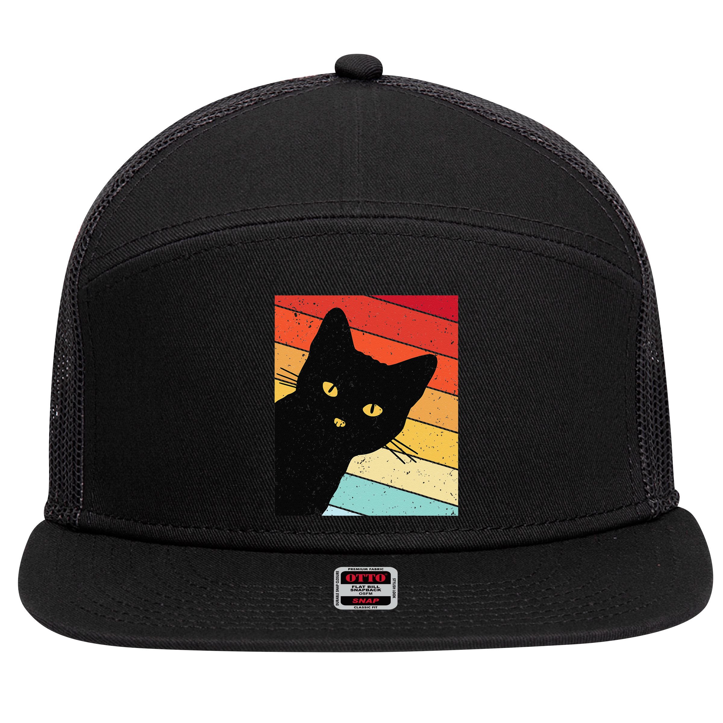 Retro Cat Black Cat Vintage Cat Cat 7 Panel Mesh Trucker Snapback Hat