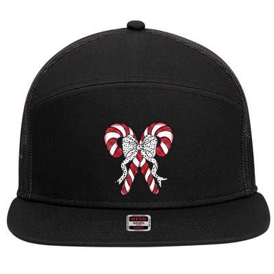Retro Coquette Bow Candy Cane Christmas Season 7 Panel Mesh Trucker Snapback Hat