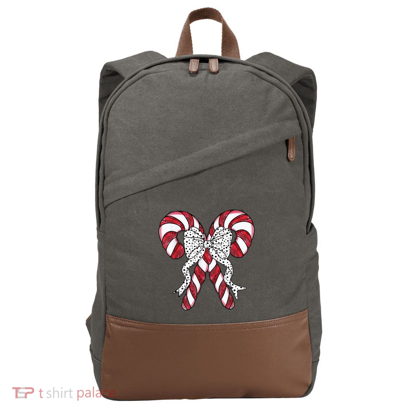 Retro Coquette Bow Candy Cane Christmas Season Cotton Canvas Backpack