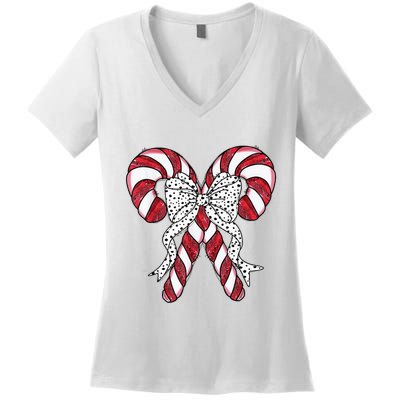 Retro Coquette Bow Candy Cane Christmas Season Women's V-Neck T-Shirt