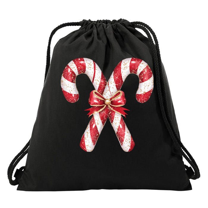 Retro Coquette Bow Candy Cane Christmas Season Drawstring Bag